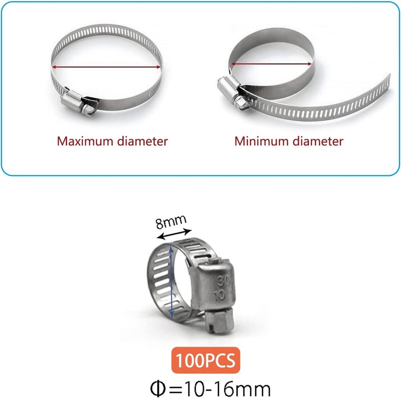 ZIPCCI Hose Clamp, 100 Pack Stainless Steel Hose Clamps Worm Gear Fuel Line Pipe Clamps, 10-16mm (1/2 inch) - Image 4